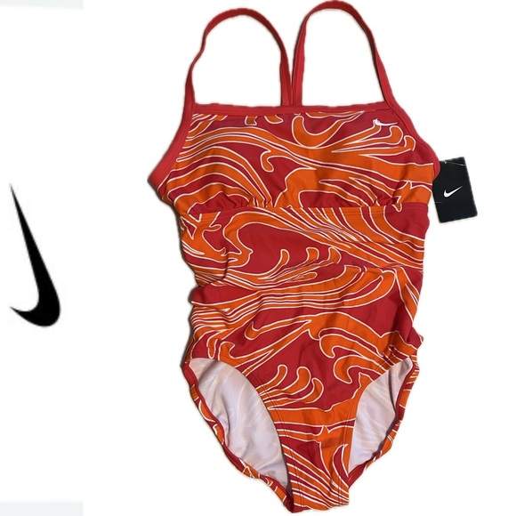 🆕Sz 8/Med RACERBACK NIKE Swimsuit Abstract Orange/White/Red—Removable Padding - Picture 16 of 16